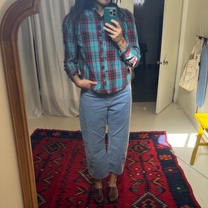 Women’s Teal and Red Plaid Button-Down Shirt